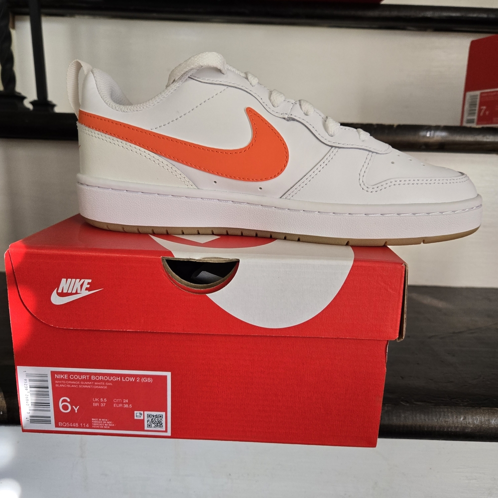 Nike Court Borough Lo 2--White and Orange 6.5y=8 Womens